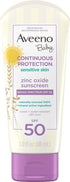 Aveeno Baby Continuous Protection Zinc Oxide Mineral Sunscreen Lotion for Sensitive Skin with Broad Spectrum SPF 50, Tear-Free, Sweat- & Water-Resistant, Travel-Size, 3 fl. Oz