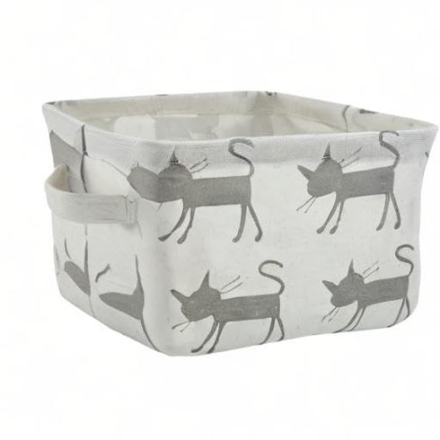 Mziart Small Foldable Canvas Storage Basket with Handles, Cotton Linen Organizer for Nursery Kids Shelves, Grey Cat
