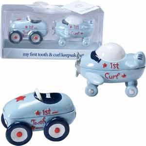 Kelli's Gifts First Tooth and Curl Keepsake Set-2 x 3 INCH - BOY/Race Car/Airplane/Baby