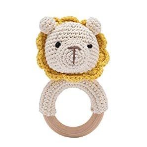 Wooden Baby Rattle Crochet Lion, Handmade Newborn Toy for Early Development Grips Stuffed Animal Organic Rattle