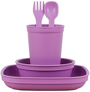 Re-Play Made in USA Toddler Dinnerware Set - 10 oz. Open Cup, 7" Flat Plate, 12 Oz. Bowl, Fork and Spoon - Purple