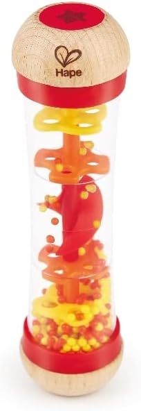 Hape Mini Wooden Musical Beaded Raindrops Instrument, Shake & Rattle Rainmaker Toy, Red