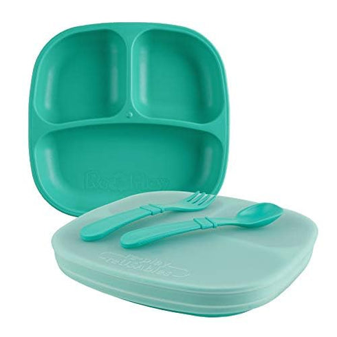Re-Play Toddler Feeding Set includes 2 Divided Plates, Silicone Storage Lid, Utensils