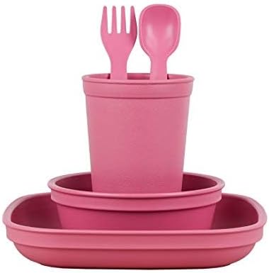 Re-Play Made in USA Toddler Dinnerware Set - 10 oz Open Cup, 7" Flat Plate, 12 Oz Bowl, Fork and Spoon
