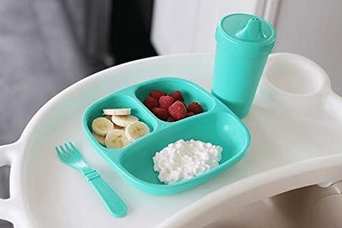 Re-Play Toddler Dinnerware Set - Pink No-Spill Sippy Cup, 7" Divided Plate, Fork & Spoon - Dishwasher Safe, USA Made