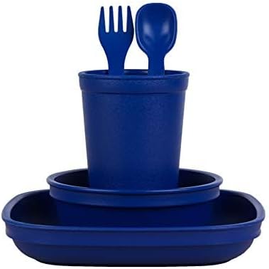 Re-Play Kids Dinnerware Set, Navy Blue, 10 oz. Open Cup, 7" Flat Plate, 12 Oz. Bowl, Fork & Spoon