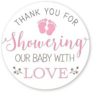 Baby Shower Stickers, Pink Thank You for Showering Our Baby with Love, 48 Stickers - 1.67 Inches Round
