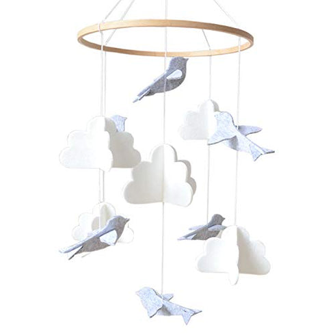 Baby Crib Mobile (Birds and Clouds) - Nursery Decor Ceiling Mobile for Boys & Girls - Grey & White Crib Accessories