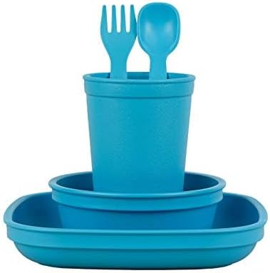 Re-Play Kids Dinnerware Set, Sky Blue, 10 oz. Open Cup, 7" Flat Plate, 12 Oz. Bowl, Fork & Spoon
