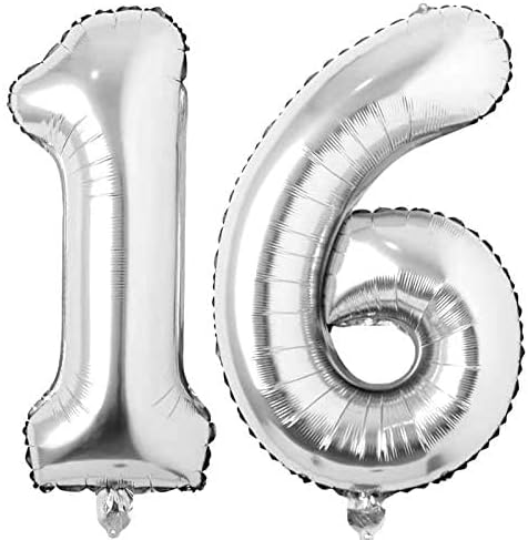 Jonhamwelbor Giant Silver Number Balloons, 16 Foil Mylar Balloons for Sweet 16th Birthday Party Supplies