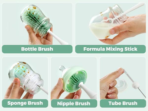 Momcozy Set 7-in-1 Electric Baby Bottle Brush with Drying Rack, Powered Bottle Cleaner & Formula Mixer, Portable
