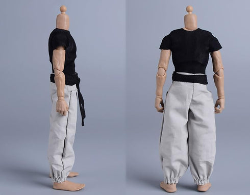 1/12 Scale Male Clothes,Men's Tight Short Sleeves Pant Warrior Combat Suit Sport Clothing for 6inch Action Figure Body (Black Tops+Black Belt+White Pant)