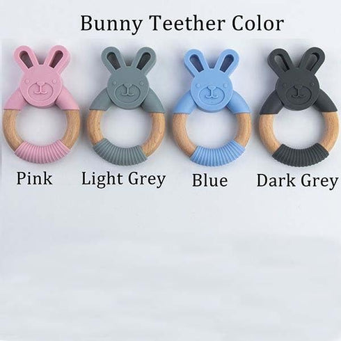 Personalized Wooden Bunny Silicone Teething Ring, Custom Engraved Bunny Silicone Teether with Name Teething Toys