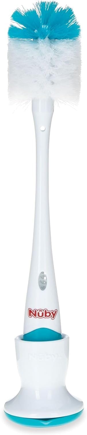 2 Pack: Nuby Bottle and Nipple Brush with Soft Bristles and Stand | Blue & Grey | Bottle & Nipple Accessory Cleaning
