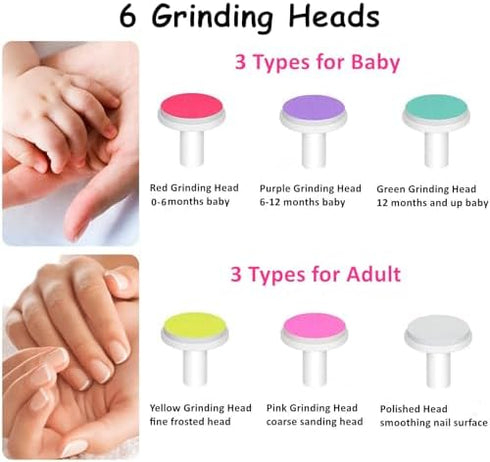 Trimmer Set, 6 2-Pack Newborn Baby Nail Gentle Electric Nail File for Sensitive Nails with Grinding Heads, Quiet Nail