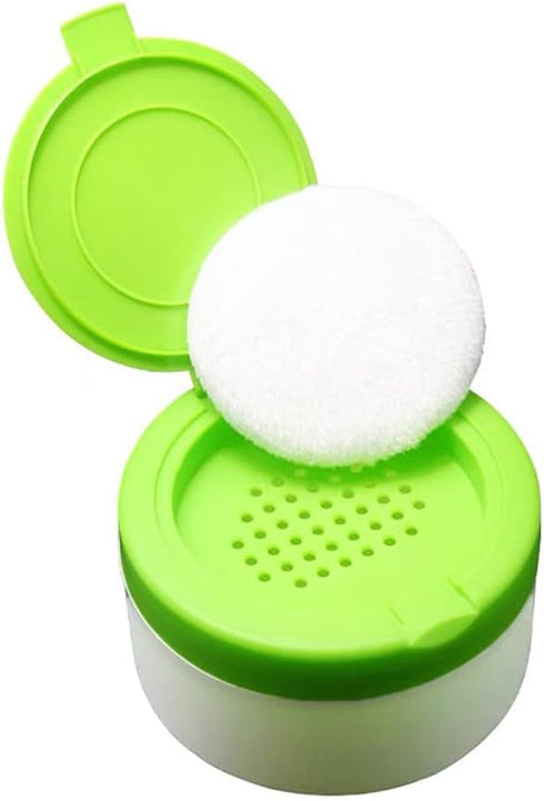 Happyupcity White Plastic Empty Baby Powder Puff Case with Green Sifter Lid Refillable