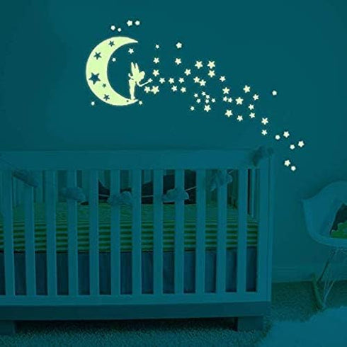 Moon Glow in Dark Wall Stickers, Benbo Fairytale Fairy and Stars Vinyl Decals for Nursery Home Decor