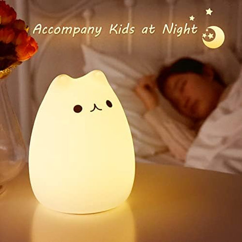 ZKLiLi Cat Night Light, USB Rechargeable Cute Nursery Lamp with Warm White and 7-Color Breathing Modes