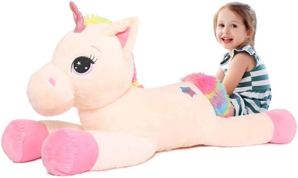 43'' Big Unicorn Plush Toy - Off-White Stuffed Animal, Lovely Beige Unicorn Birthday Decorations for Girls