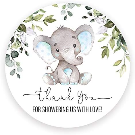 2" Round Baby Shower Thank You Favor Stickers (40 Labels) - Blue Elephant with Green Leaves