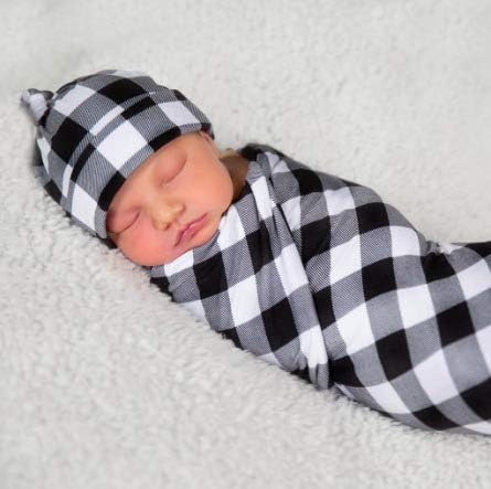 Copper Robin Set, Black and White Buffalo Plaid Swaddle Blanket and Hat Large Receiving Blanket, Newborn Beanie hat