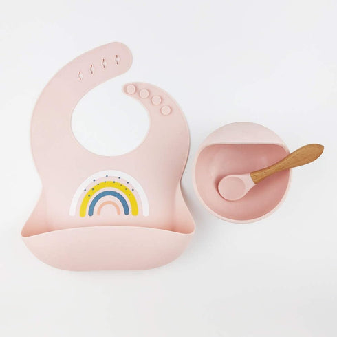 Silicone Rainbow Baby Bibs & Suction Bowl Set - BPA-Free Adjustable Bib with Food Catcher + Premium Utensils (Pink)