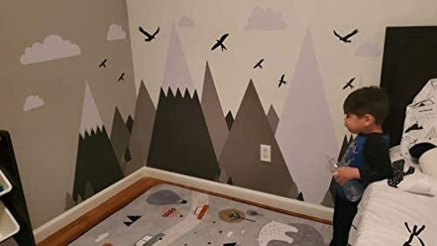 DXLING JW373 1-Grey) Gray Cream Mountains Wall Sticker Home Decor for Kids Room Nursery - Eagles Pine Trees Clouds