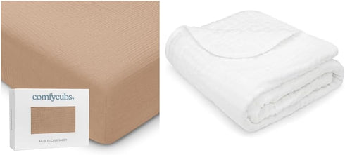 Comfy Cubs Muslin Fitted Crib Sheet and Baby Blanket Bundled - Brown/White