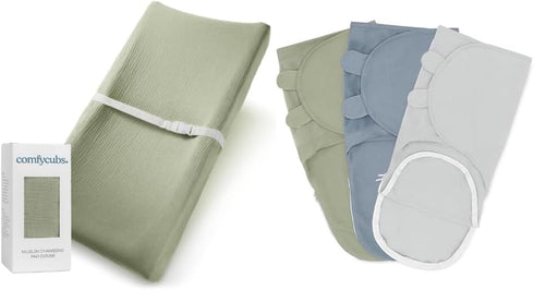 Comfy Cubs Muslin Fitted Changing Pad Cover & Swaddle Blankets for Baby