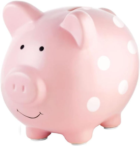 Pearhead Large Ceramic Piggy Bank, Pink Polka Dot Coin Bank for Kids,