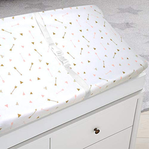 TL Care Printed 100% Natural Cotton Jersey Knit Fitted Contoured Changing Table Pad Cover, Sparkle Gold/Pink Arrows