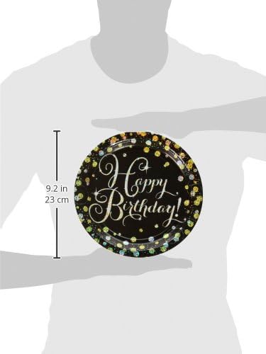 Sparkling Celebration Prismatic Plates, 9" (Pack of 8) - Elegant Gold, Silver & Black Happy Birthday Design