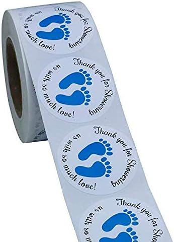 Gender Neutral Baby Shower Stickers, Thank You for Showering Us with So Much Love Round Labels Blue Baby Footprint