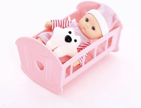 6 Set 5 Inch 3-6 PowerTRC of Mini Baby Girl Toy Dolls Collection with High Chair, Cradle, Walker, Swing, Bathtub
