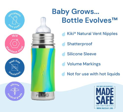 9oz/275ml 100% 3 Pura Kiki Stainless Steel Infant Bottle w/Sleeve, Anti-Colic, Plastic-Free, MadeSafe Certified