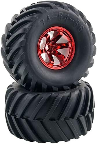 4PCS 1/10 RC Monster Truck Wheel and Tire Set, 135MM Rubber Tyres and 6 Spoke Plastic Wheel Rims (Red)