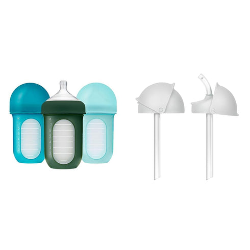 Boon Nursh Reusable Silicone Baby Bottles with Conversion Straw Sippy Cup Lids -