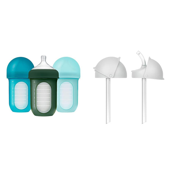 Boon Nursh Reusable Silicone Baby Bottles with Conversion Straw Sippy Cup Lids -