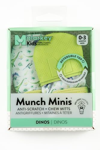 Pack 2 0-3 Malarkey Kids Dinosaur Paw Teething Mitt - of Soothing Infant Mitten Pain Relief Prevent Scratches, Safe