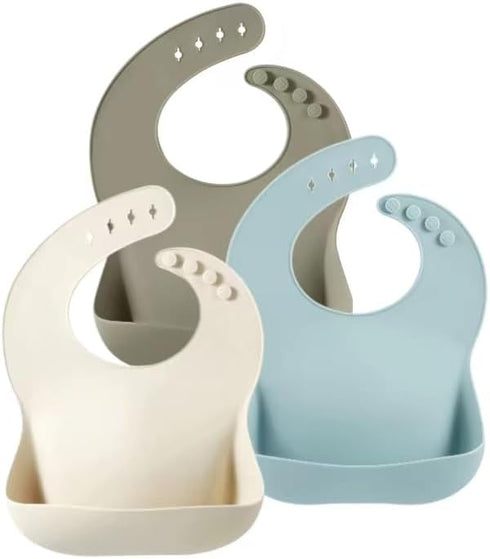 PandaEar Silicone Baby Bibs Set of 3, BPA Free Waterproof Adjustable Feeding Bib with Large Pocket