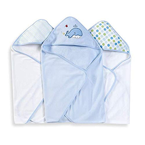 Spasilk Hooded Towel Set for Newborns, Blue Whale, Soft Terry Baby Towels, Pack of 3