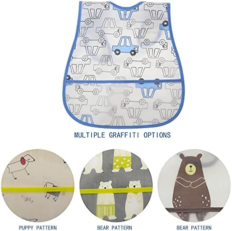 Baby Bib Waterproof with Snaps for Infants and Toddlers - 4pcs Food Catcher Bibs (Car, Puppy, Bear)