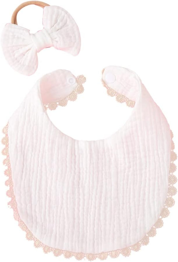 Baby Bib Bow Headband, Newborn Bandana Drooling Teething Muslin Saliva Towel, Adjustable Cotton Gauze Lace Bib