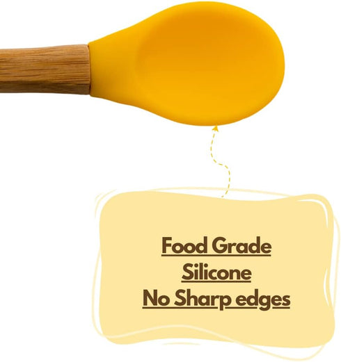 Baby Bamboo Feeding Spoon - 5.5" with Silicone Tip, BPA Free Toddler Food Spoons, Yellow 2 PACK