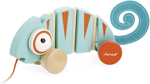 Janod - Tropik Pull-Along Chameleon, Wooden Early-Learning Toy, Educational Walking and Balancing Toy