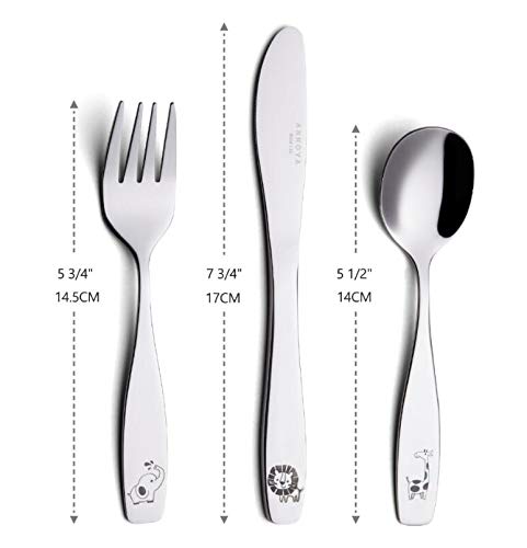 ANNOVA Kids Silverware 6 Pieces Children's Safe Flatware Set Stainless Steel - 2 x Safe Fork, 2 x Dinner Knife, 2 x Dinner Spoon, Toddler Utensils Safari, for Lunchbox (Elephant, Giraffe, Lion) by Annova