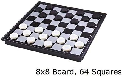 8x8 Checkers Draught Board Game - 64 Squares, 12 Black & 12 White Pieces, Extendable 9x9 Inch Board