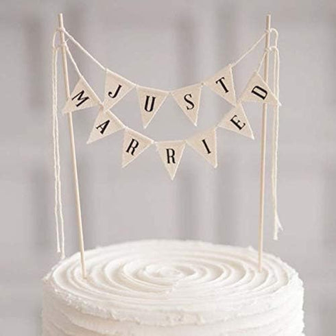 Wedding Cake Topper, Vintage Affair Rustic Just Married Cake or Cheese Bunting, Handmade Pennant Flags with Wood Pole -