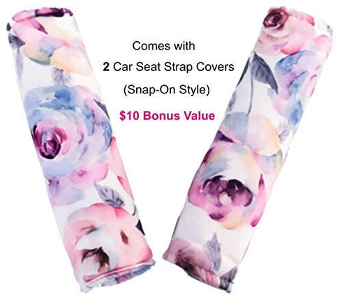 Kiddo Kind Carseat Cover for Girls - Watercolor Floral - Includes Car Seat Strap Covers