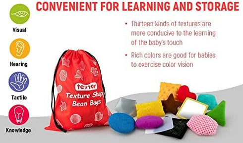Texture Sensory Bean Bags, Set of 13 Toddler Sensory Toys for Babies, Shape Sensory Play with Storage Bag